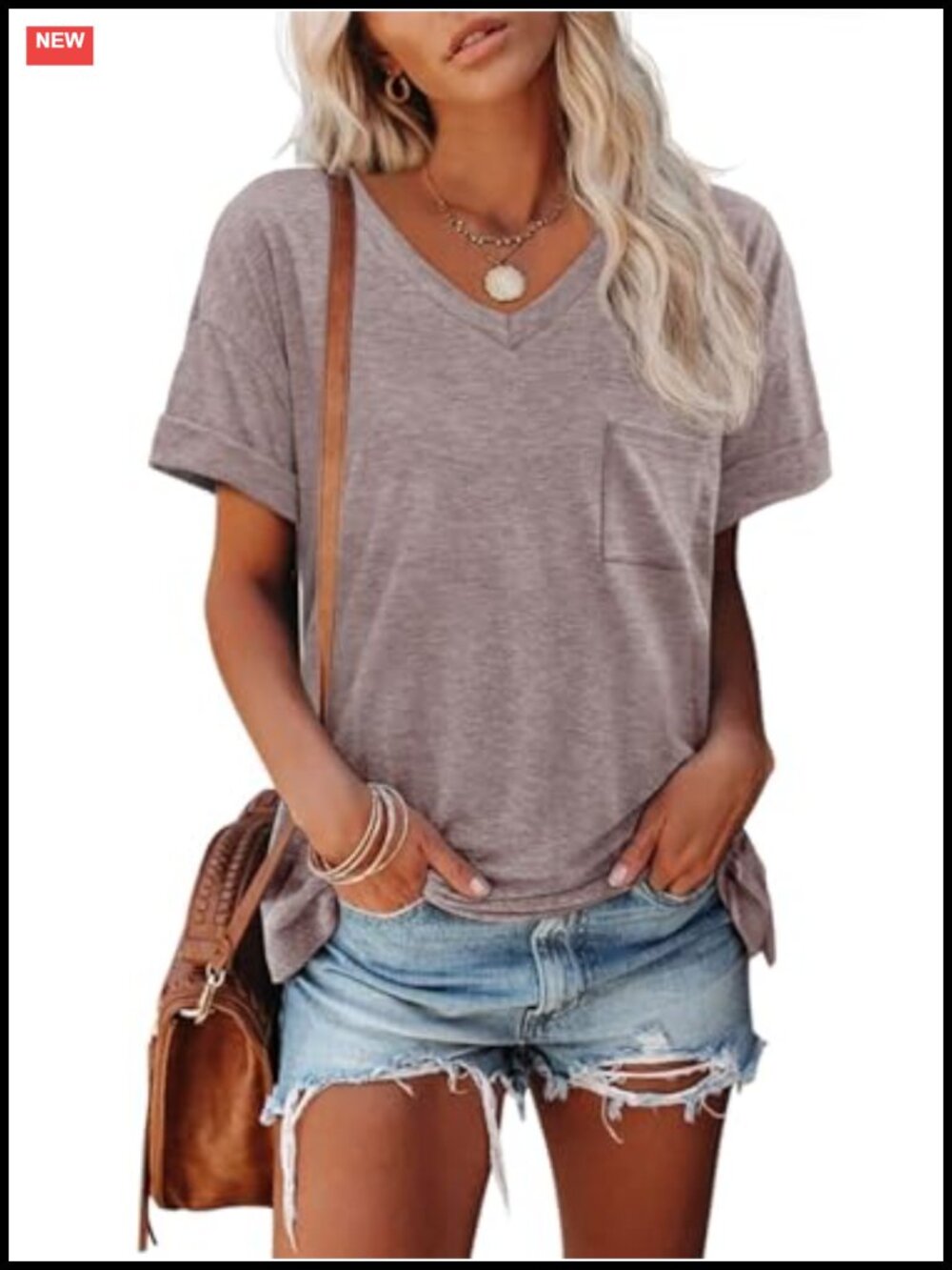 Womens Short Sleeve V Neck Summer T Shirt Roll Sleeve Pocket Casual Basic Tee